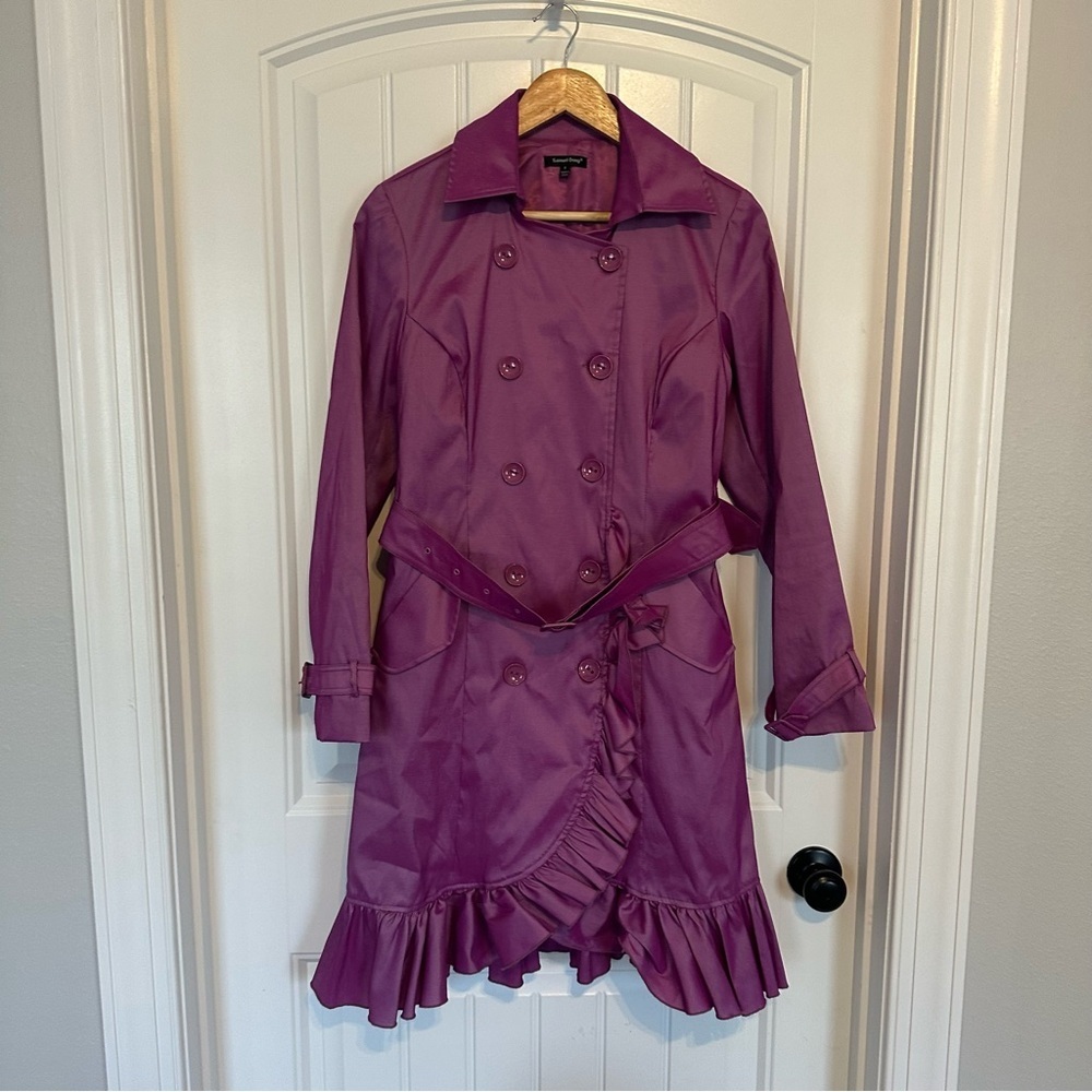 Samuel Dong Trench Coat Dress Ruffled Purple Magenta Bright Dopamine Size Small - Picture 4 of 8